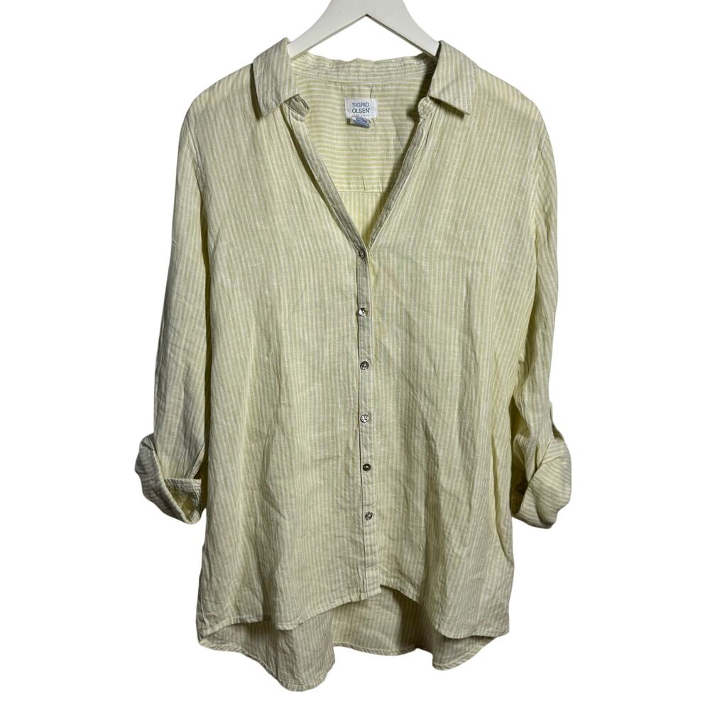 Sigrid Olsen 100% Linen Button Up Blouse Top Women L Green Stripe Coastal Beach